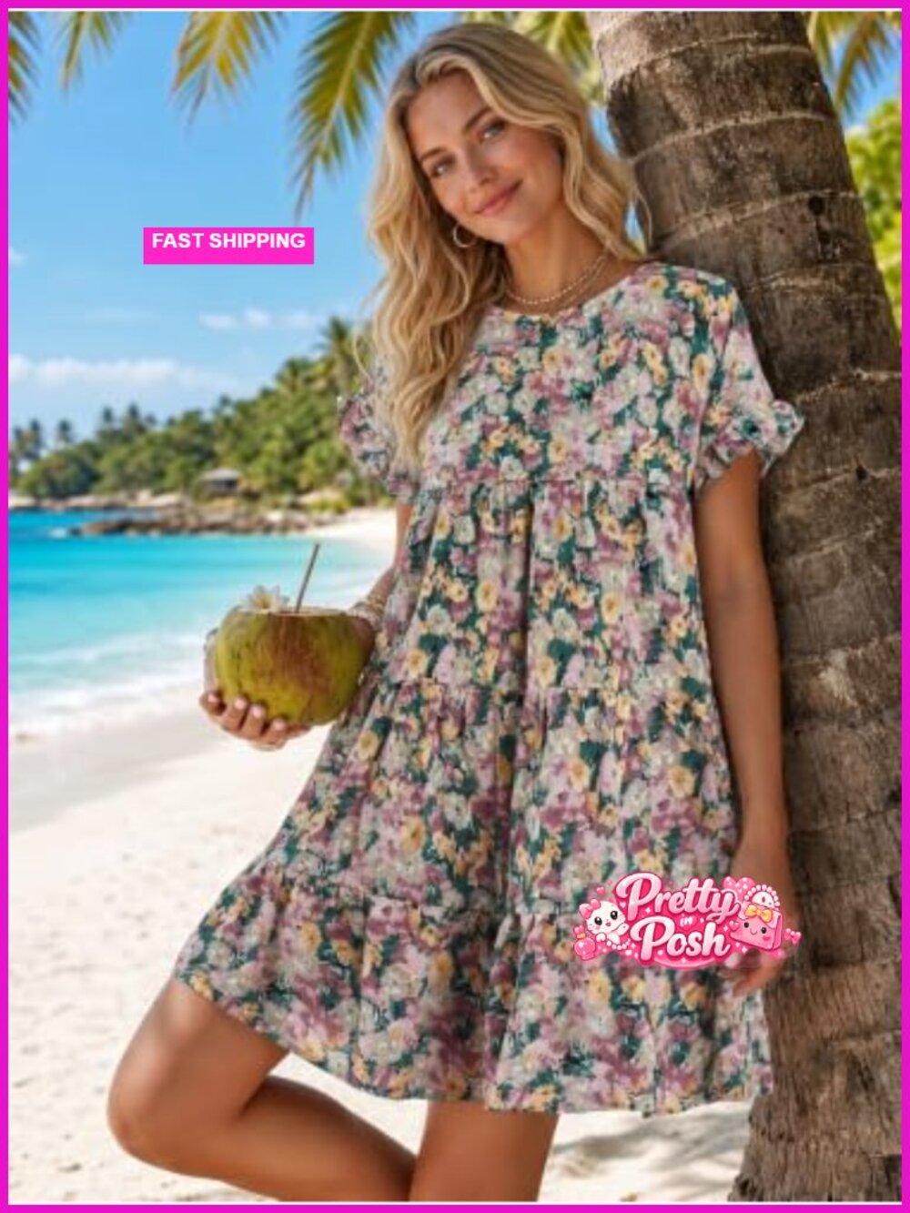 Ruffle Boho Floral Printed Babydoll Loose Swing Mini T-Shirt Dress - Picture 4 of 6